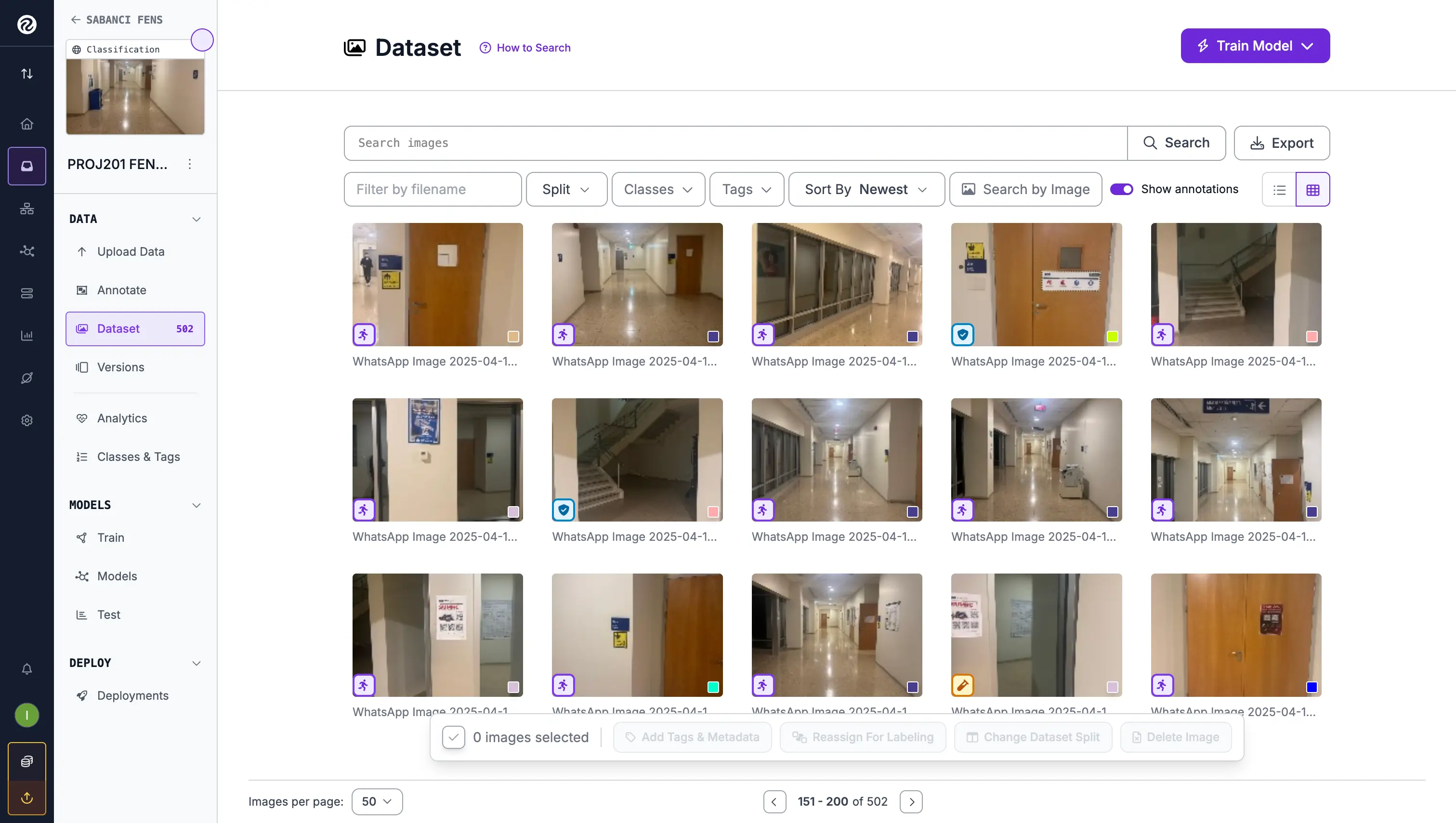 Roboflow dataset screen with campus hallway images for the visually impaired navigation project